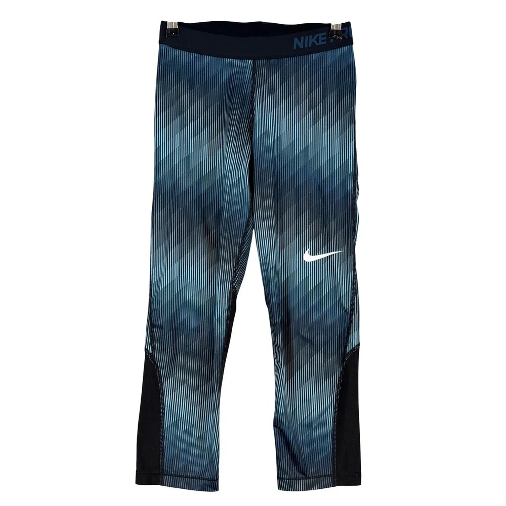 Nike Pro‎ Dri-FIT Womens Blue Black Stripe Cropped Leggings •Small• Athleisure